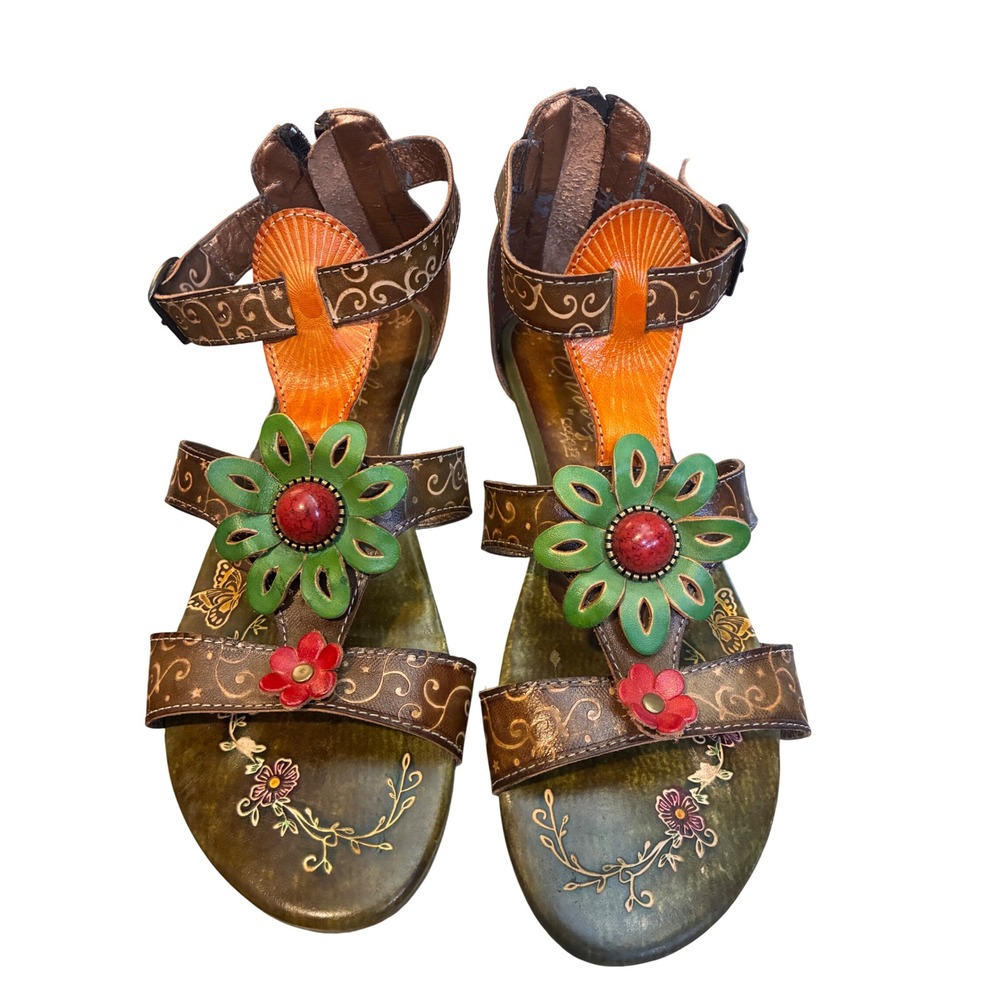 Corkys Elite Mesa Sandals Womens 9 Brown Leather Floral Hand Painted Excellent